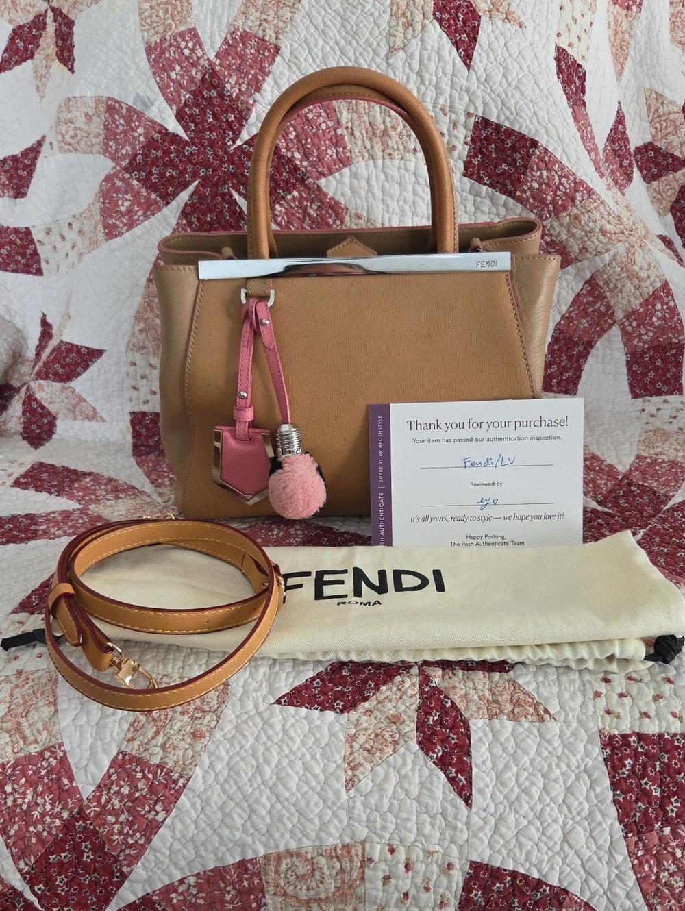 Fendi Tan Leather Satchel with Pink Charm Accent Dusty Unbranded Leather Strap